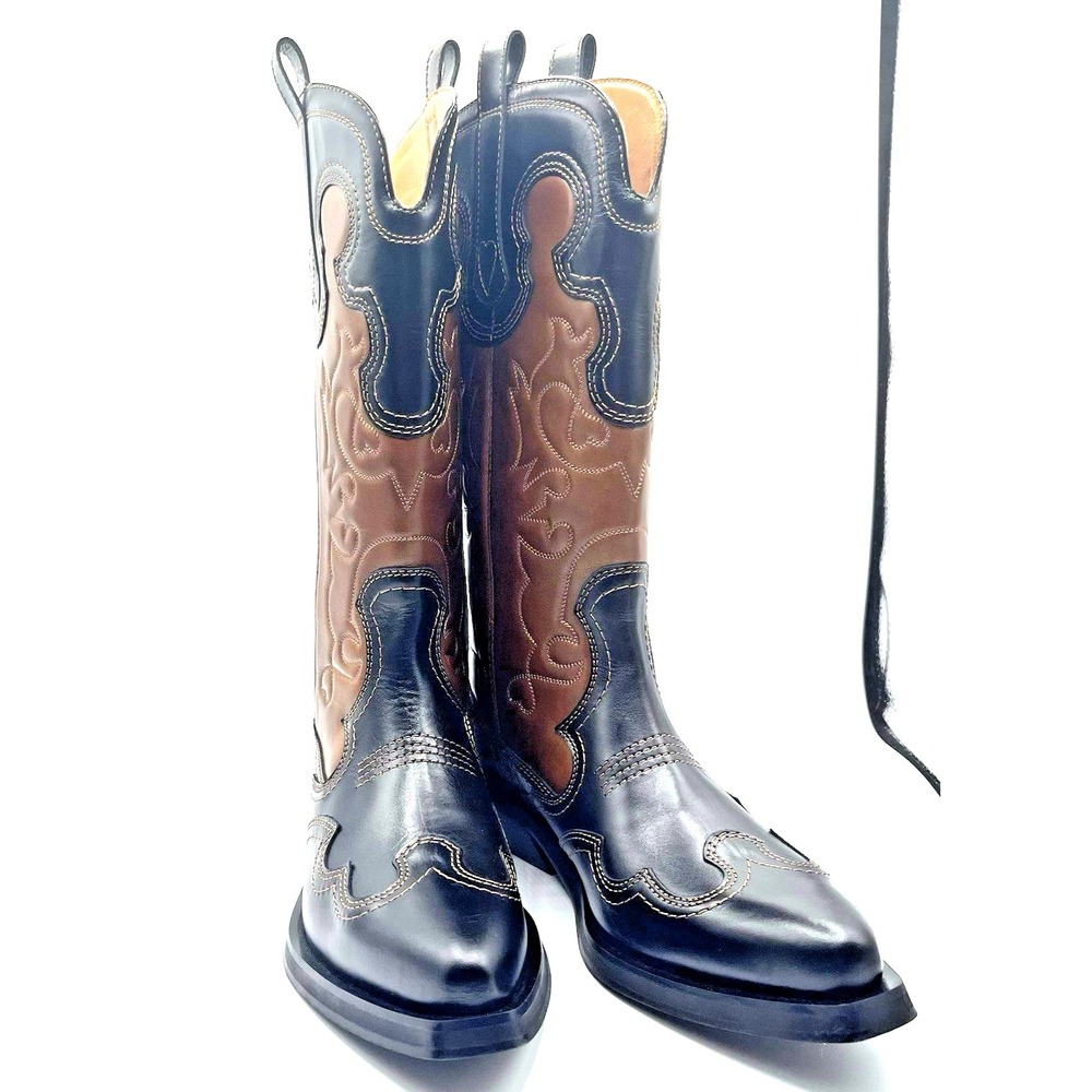 GANNI two-tone Leather Embroidered Western Boots SZ 41 NWOB - Picture 4 of 6